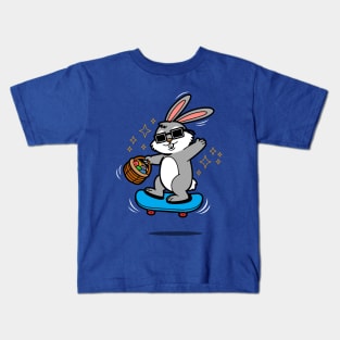 Easter Bunny Skateboarding Carrying Easter Eggs Cartoon Kids T-Shirt